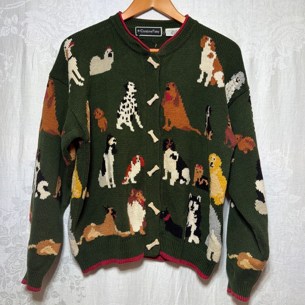 Christine Foley Dog Cardigan Sweater 2 Bust 42" 100% Cotton Bone Buttons VTG